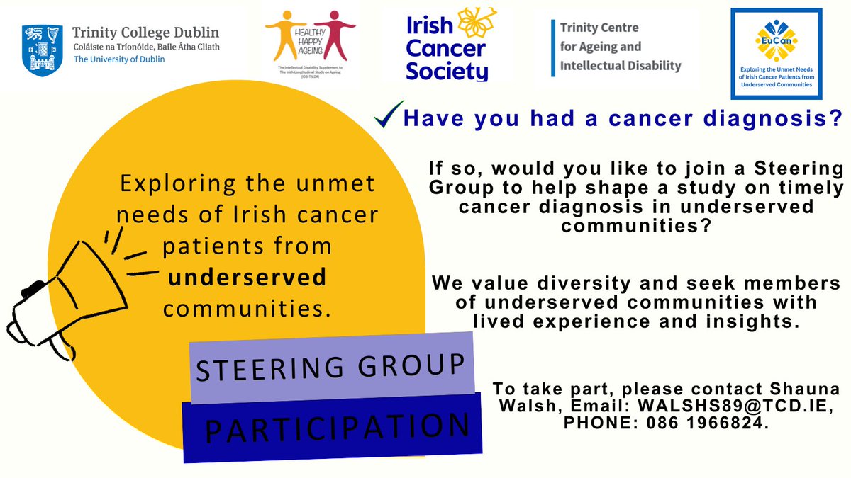 The EuCan study is seeking members to join a Steering Group to shape accessible cancer care in Ireland 🇮🇪. If you're aged 65+, have a physical or intellectual disability, & have experienced cancer, we want to hear from you📢. ➡️Click here to learn more: shorturl.at/mqvX3