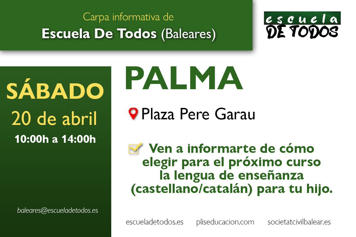 PfLaSilenciosa's tweet photo. 🟢 Carpas informativas de @_escueladetodos Baleares: para que los padres puedan elegir la lengua de enseñanza. 

📆 Sábado, 20 de abril.

⌚️ De 10h a 14h.

📍CALVIÀ: C/ Valencia esq C/ Son Thomàs.
📍 PALMA: Plaza Pere Garau y C/ Sant Miquel n°48.

#YoElijo✅️ 
@pliseducacion https://t.co/avd4NpFouV