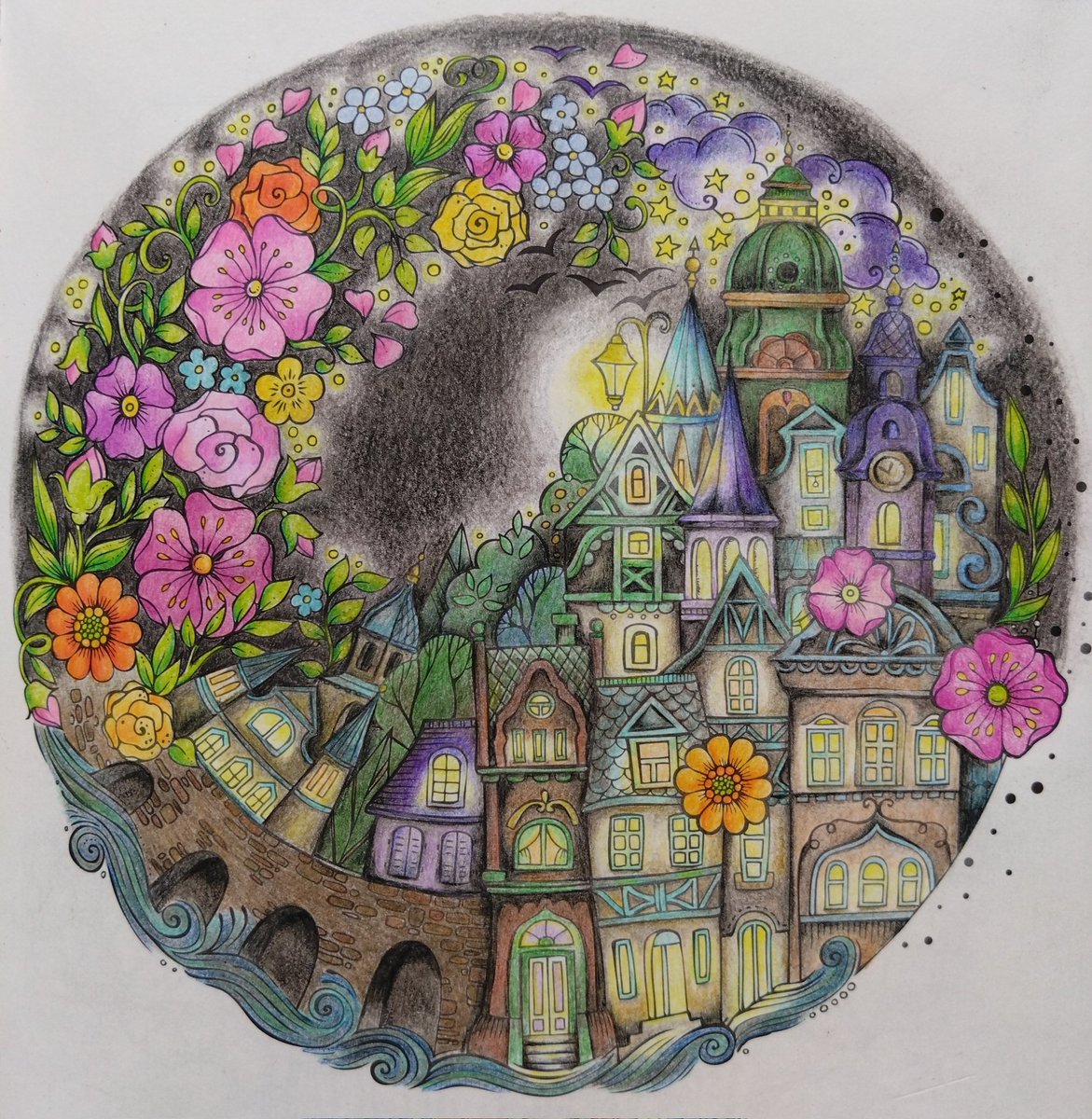 塗っては消して、を繰り返してしまい、トンボや888の黒だともう色が入らなくなってしまってたのですが、カリスマカラーの黒を買って使ってみたら入りました！
#大人の塗り絵
#リタの塗り絵ブック旅するヨーロッパ