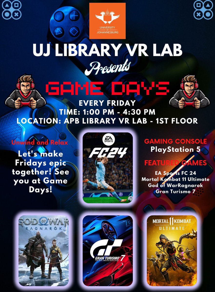 #UJLibrary – VR Lab @ the Auckland Park Bunting Road Campus! Please mark your calendars and join us every Friday to level your gaming experience! #GameDay #VRAdventure #LibraryFun 🎮