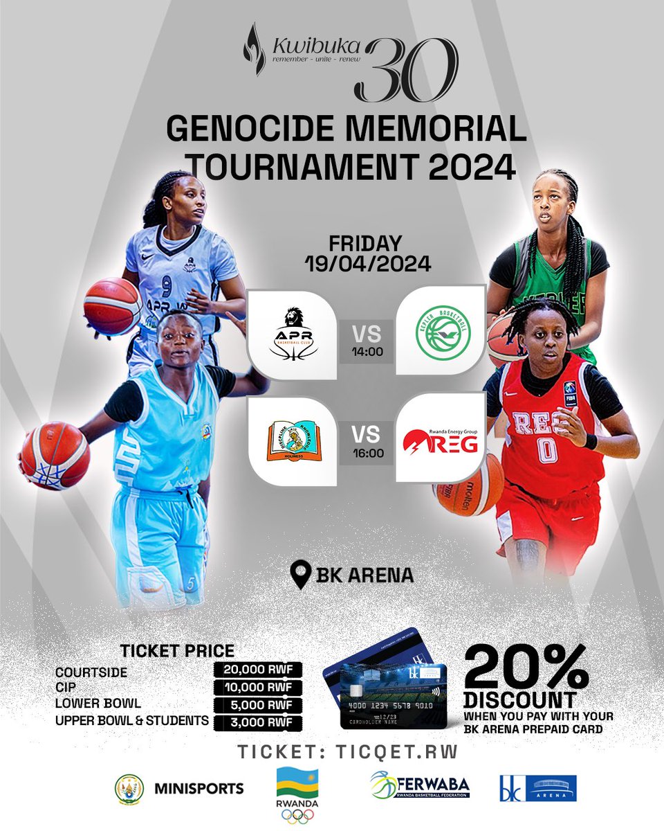 Don't miss out on the Genocide Memorial Tournament 2024 – enjoy 20% off your tickets with the BK Arena Prepaid Card. Ticket link: ticqet.rw/#/ #VoicesOfResilience #GMT #ResilienceThroughSports #Kwibuka30