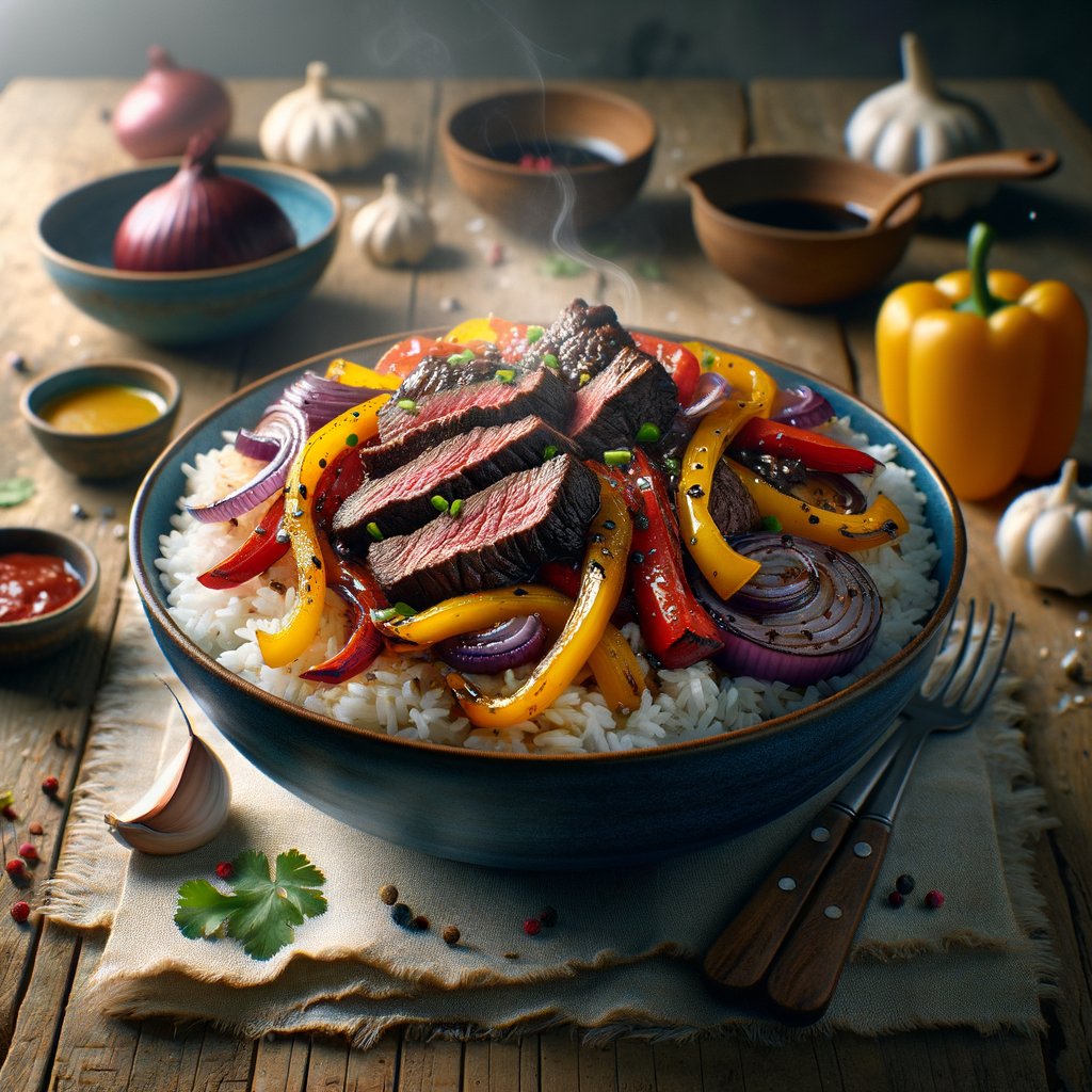 Modern Lomo Saltado

Dive into the vibrant flavors of Peru with our Modern Lomo Saltado! Perfect for those who love a hearty meal. Serves 2.

Ingredients:
- Sirloin steak, 453g/1lb, thinly sliced
- Red bell pepper, 1 medium, julienned
- Yellow bell pepper, 1 medium, julienned
-