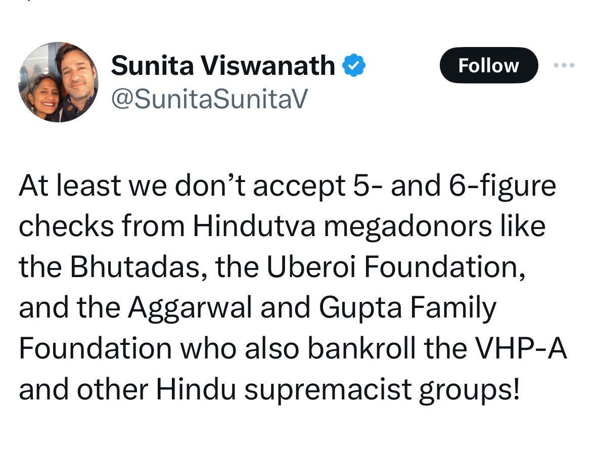 I pointed out that H4HR receives most of their funds from the Tides Foundation endowed by a billionaire heir to tobacco money (I didn’t mention the radical Solidaire Network that also funds them), and she comes back naming immigrant Hindu Americans that support us among thousands