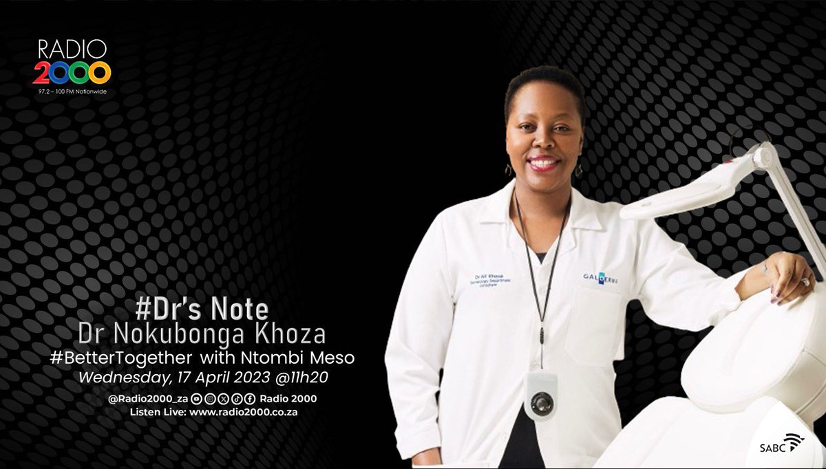 Radio2000_ZA's tweet photo. [COMING UP] #DrsNote 

We unpack adult acne with Dermatologist Dr Nokubonga Khoza.

#BetterTogether #Radio2000 https://t.co/uJEHNtjbwd