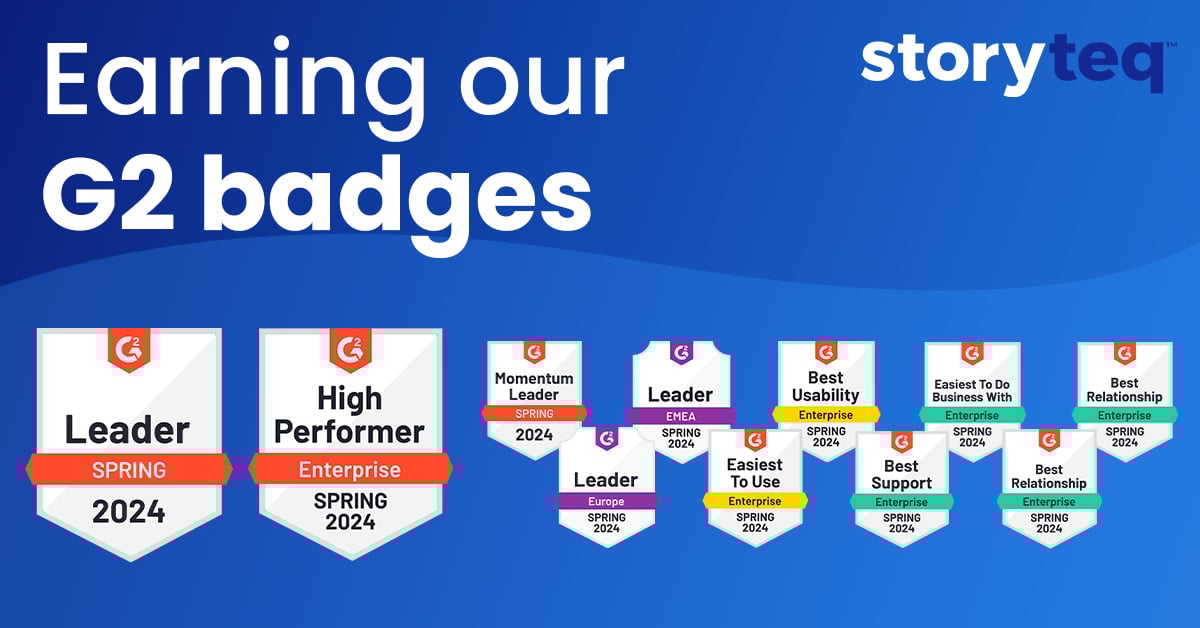 Great to see the work of our teams recognised in the latest array of badges we’ve won from <a href="/G2dotcom/">G2</a>💙 Thanks as always to our clients for their amazing feedback – read what they have to say below

hubs.ly/Q02t7bRT0
#Storyteq #G2Reviews #CreativeAutomation #DigitalMarketing