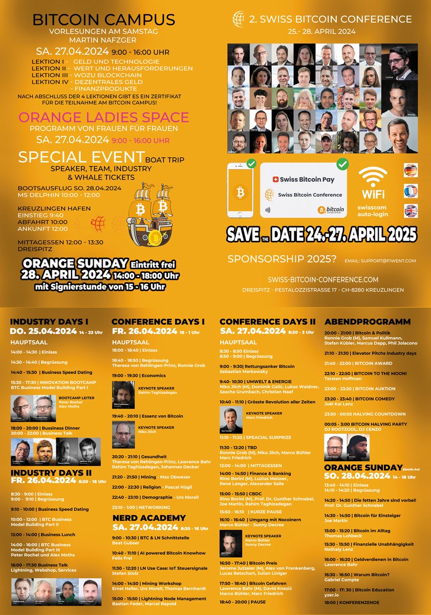 Nächste Woche ist es endlich soweit! Mit mehr als 50 Bitcoin Fachexperten bieten wir euch Vorlesungen, Vorträge, Panels und Workshops an. 25.-28. April 2024 in Kreuzlingen am Bodensee. Auf dem SBC24 Flyer findet ihr das Konferenzprogramm. Kommt vorbei und feiert mit uns #Bitcoin