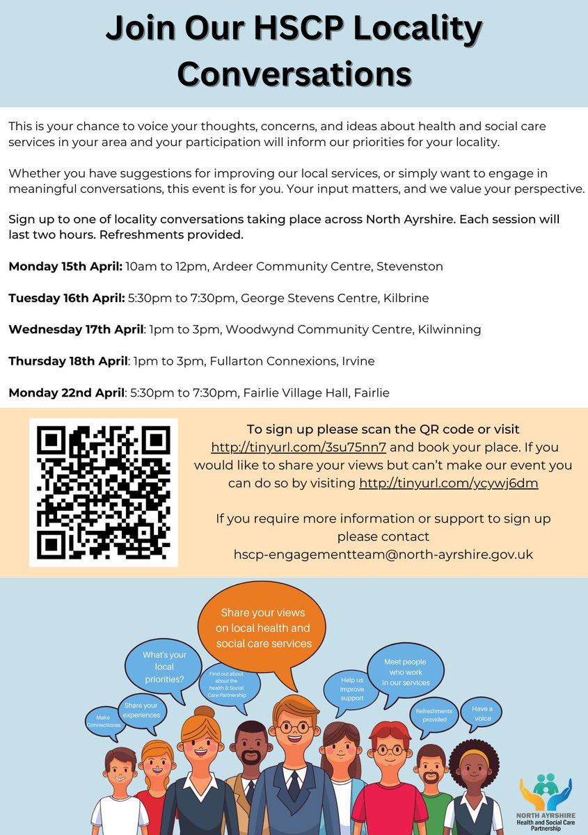 There's still time to register for this afternoon's Locality Conversation event in Kilwinning, tomorrow's session in Irvine, and our Fairlie event on Monday. Book online at tinyurl.com/3su75nn7. If you can't make it, you can share your views online at tinyurl.com/ycywj6dm