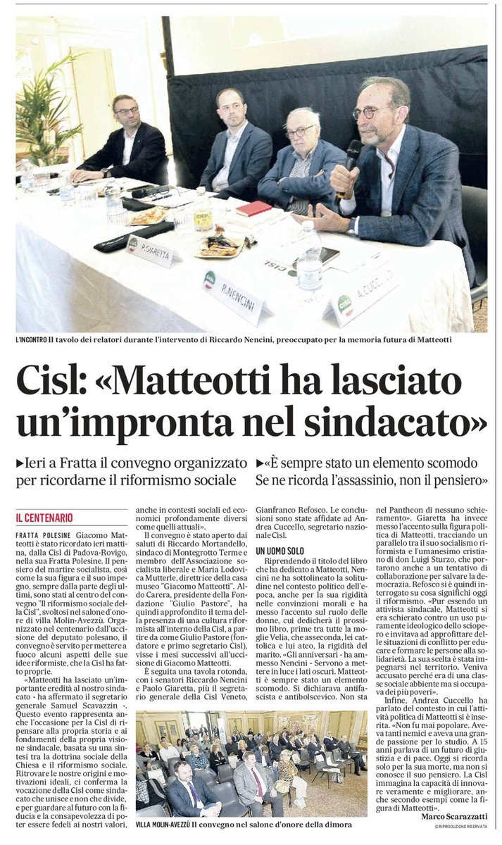 🗞️Il segretario @CislPdRo @SScavazzin al convegno di Fratta Polesine su @lavocedirovigo e @Gazzettino: “Matteotti ha lasciato un’importante eredità al nostro sindacato, fondato su una sintesi tra la dottrina sociale della Chiesa e il riformismo sociale”.