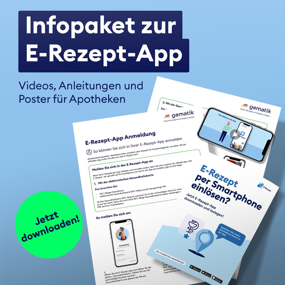 gematik (@gematik1) on Twitter photo #Apotheken aufgepasst: Das #gematik Infopaket zur #eRezept #App ist da! Mit Erklärvideos, Flyern und Poster für den Verkaufsraum können Sie Ihre Kundinnen und Kunden über die Vorteile der App informieren. Zum Download geht’s hier lang: gematik.de/anwendungen/e-… #Apotheken aufgepasst: Das #gematik Infopaket zur #eRezept #App ist da! Mit Erklärvideos, Flyern und Poster für den Verkaufsraum können Sie Ihre Kundinnen und Kunden über die Vorteile der App informieren. Zum Download geht’s hier lang: gematik.de/anwendungen/e-…