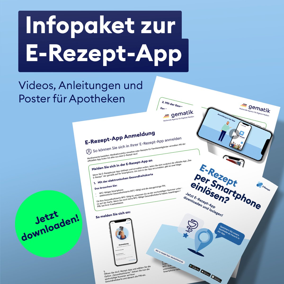 #Apotheken aufgepasst: Das #gematik Infopaket zur #eRezept #App ist da! Mit Erklärvideos, Flyern und Poster für den Verkaufsraum können Sie Ihre Kundinnen und Kunden über die Vorteile der App informieren. Zum Download geht’s hier lang: gematik.de/anwendungen/e-…