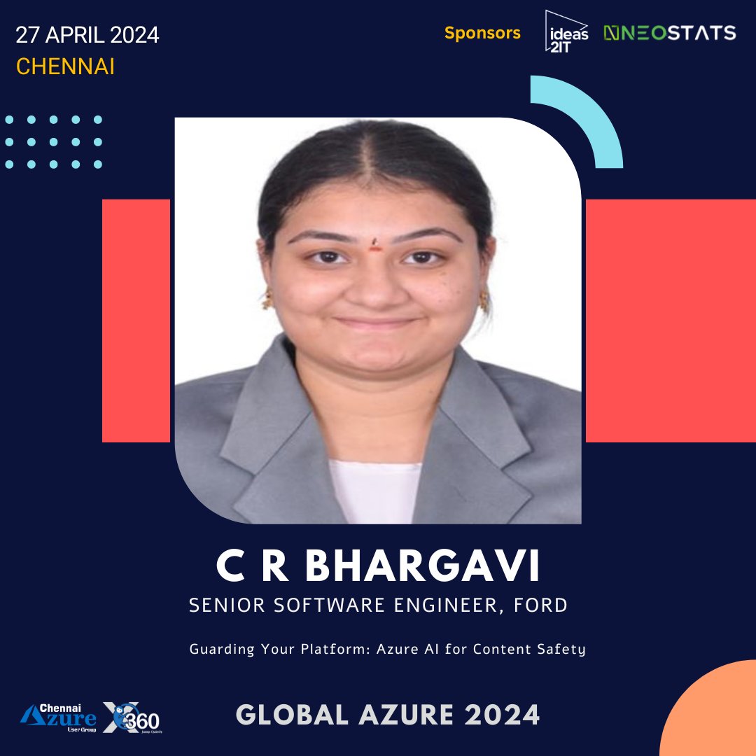 Don't miss Bhargavi Chakravarthi Rangarajan talk on '𝗚𝘂𝗮𝗿𝗱𝗶𝗻𝗴 𝗬𝗼𝘂𝗿 𝗣𝗹𝗮𝘁𝗳𝗼𝗿𝗺: 𝗔𝘇𝘂𝗿𝗲 𝗔𝗜 𝗳𝗼𝗿 𝗖𝗼𝗻𝘁𝗲𝗻𝘁 𝗦𝗮𝗳𝗲𝘁𝘆' at the Global Azure 2024 event, scheduled for April 27, 2024.

Register: globalazure.in

#XMonkeys360