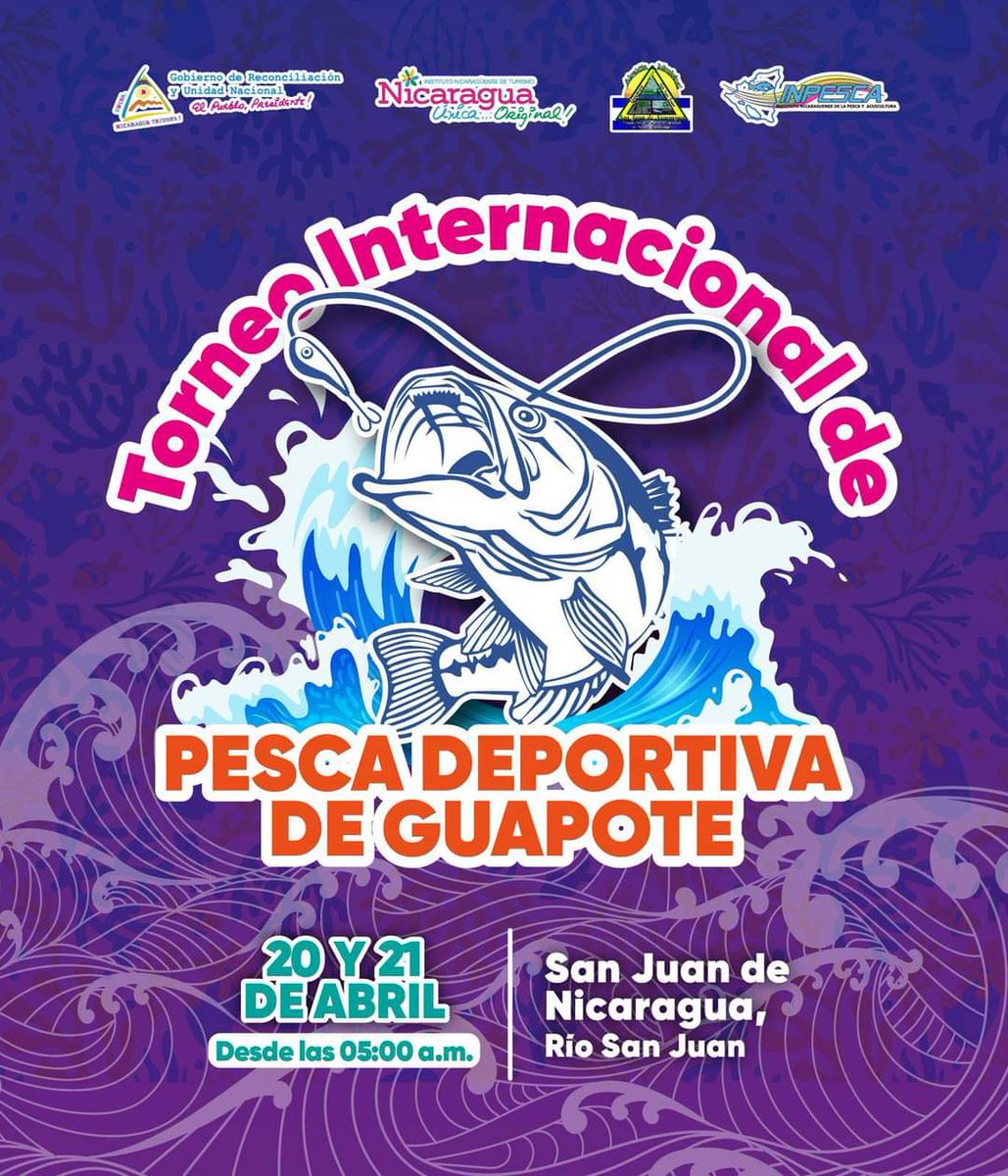 San Juan de #Nicaragua, Río San Juan 🤩 te espera en su Torneo Internacional de Pesca Deportiva de Guapote 🎣🚤🐟 🗓️ Fecha: 20 y 21 de abril 2024 🕔 Hora: 5:00 AM #4519LaPatriaLaRevolución #PLOMO19