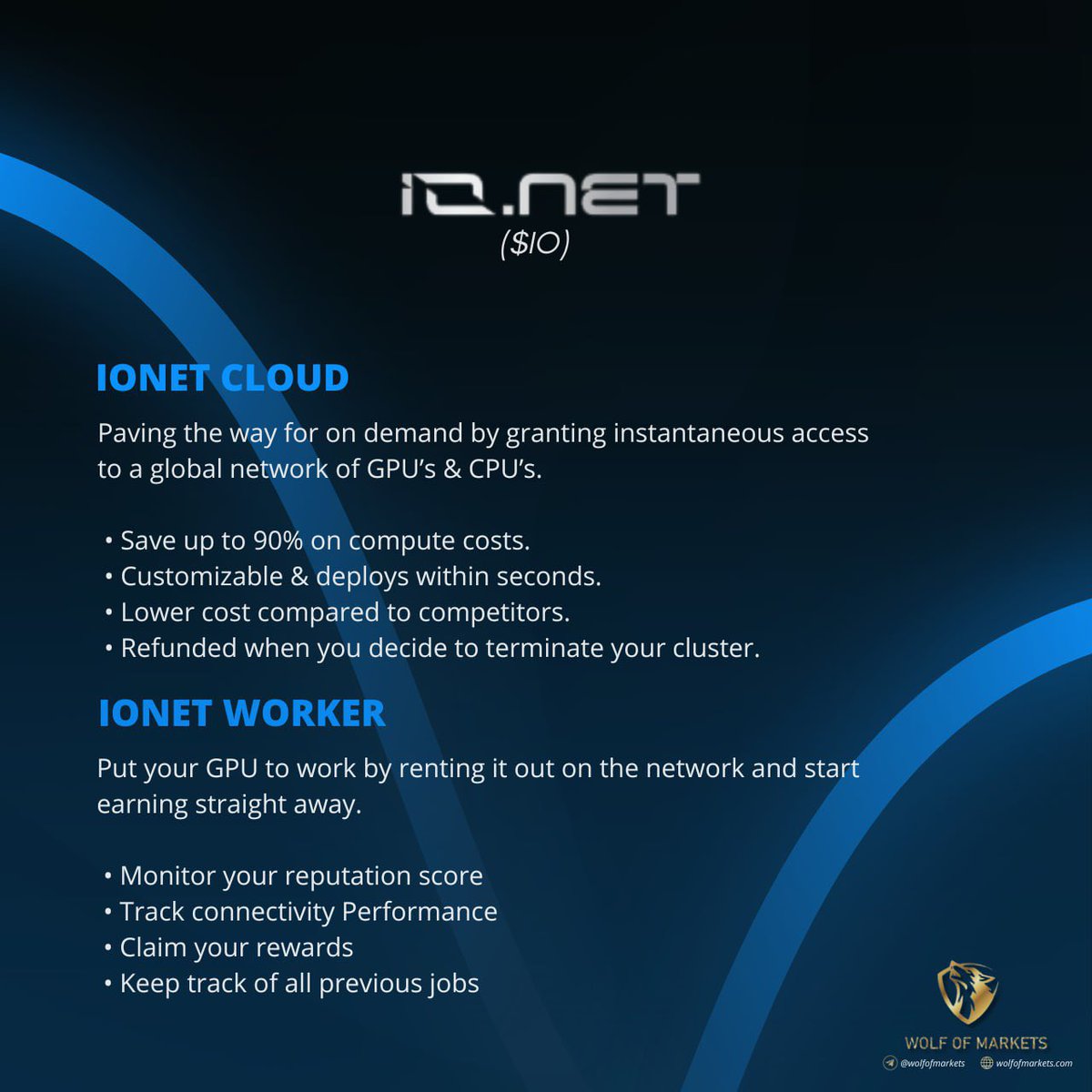 wolfofmarkets's tweet photo. We've conducted a brief research write-up on @ionet, a project that we are very optimistic about. @ionet is a decentralised physical infrastructure network that leverages underutilised GPUs from various sources. The project has established partnerships with projects such as @NuklaiData, @AlloraNetwork, and @GaiminIo, among many others. Let us know what you think about the project!