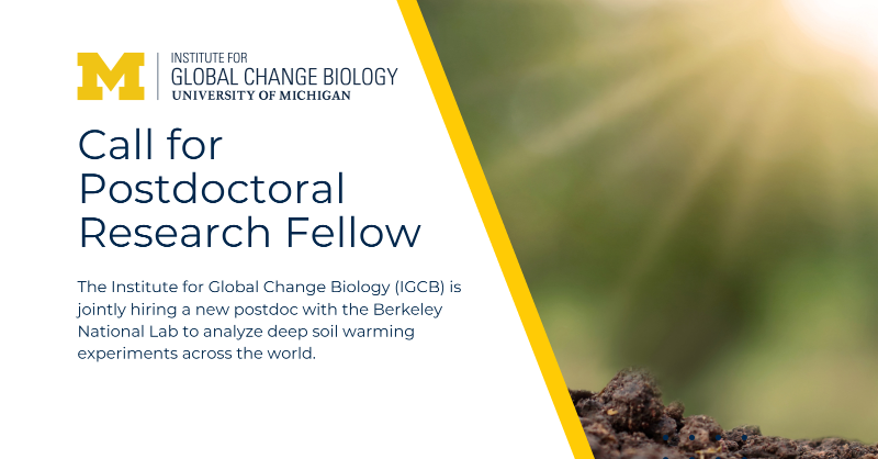 UMSEAS's tweet photo. The Institute for Global Change Biology (IGCB) is jointly hiring a new postdoc w/ the Berkeley National Lab to analyze deep soil warming experiments across the world. Based at the Berkeley Lab, the successful applicant will work closely w/ researchers at #IGCB. Learn more: