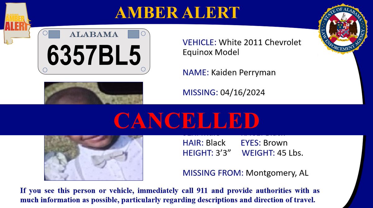 UPDATE: ALEA has cancelled the AMBER ALERT.