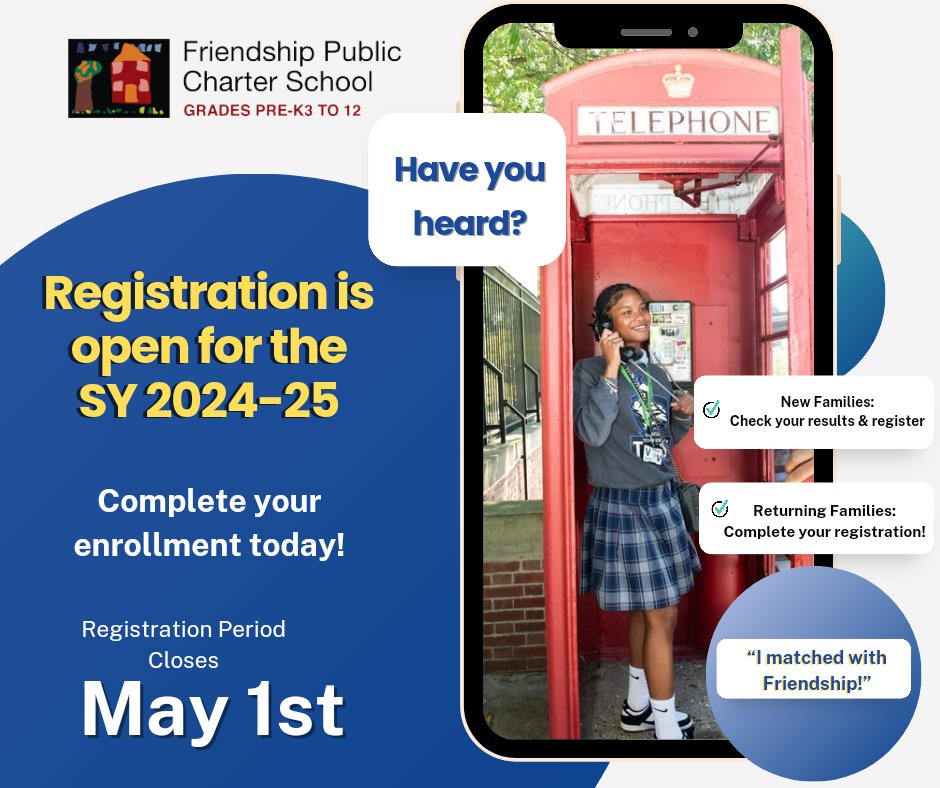 📣 Have you heard? May 1st is the enrollment deadline for the 2024-2025 school year. Be sure to check your email and complete your child's registration today. Don't miss out! We are Friendship! #FriendshipProud 🎓 #registration #dccharterproud #enrollmentseason
