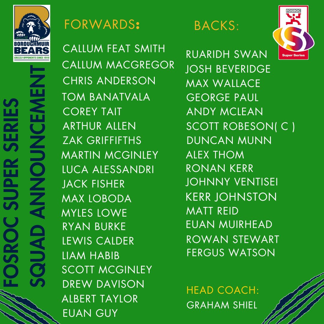 🐻HERE IT IS!🐻
this is the bears squad for
the #FOSROCSuperSprint 2024! #grizzly #scottishrugby #muirbears #boroughmuirbears
