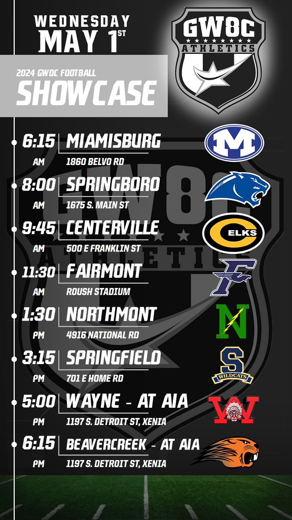 WayneWarriorFB1's tweet image. The GWOC showcase is May 1st @ 5pm!!

We’ll be at the Athletes In Action facility in Xenia because our new track will be getting worked on.