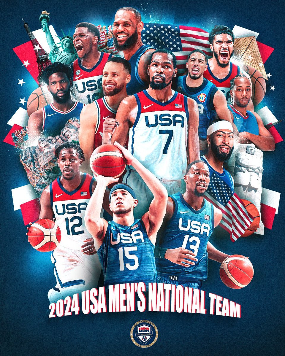 Damas y caballeros, ya es oficial: este es el equipazo de Estados Unidos 🏀🇺🇸 para los Juegos Olímpicos de París.

⭐️LeBron James
⭐️Stephen Curry
⭐️Kevin Durant
⭐️Jayson Tatum
⭐️Joel Embiid
⭐️Devin Booker
⭐️Tyrese Haliburton
⭐️Anthony Edwards
⭐️Jrue Holiday
⭐️Bam Adebayo