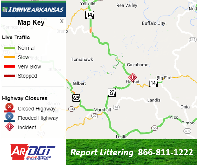 Searcy Co: (UPDATE) Hwy. 14 WB remains blocked due to an accident in Harriet or 7.1 miles north of Marshall.  Monitor at IDriveArkansas.com.  #artraffic #nwatraffic 
 twitter.com/IDriveArkansas…