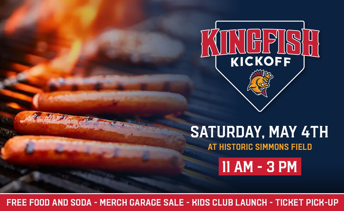 Our Kingfish Kickoff event is BACK for 2024! 🔥 See on Saturday, May 4th for free food and a merch garage sale as we get closer to Opening Day.