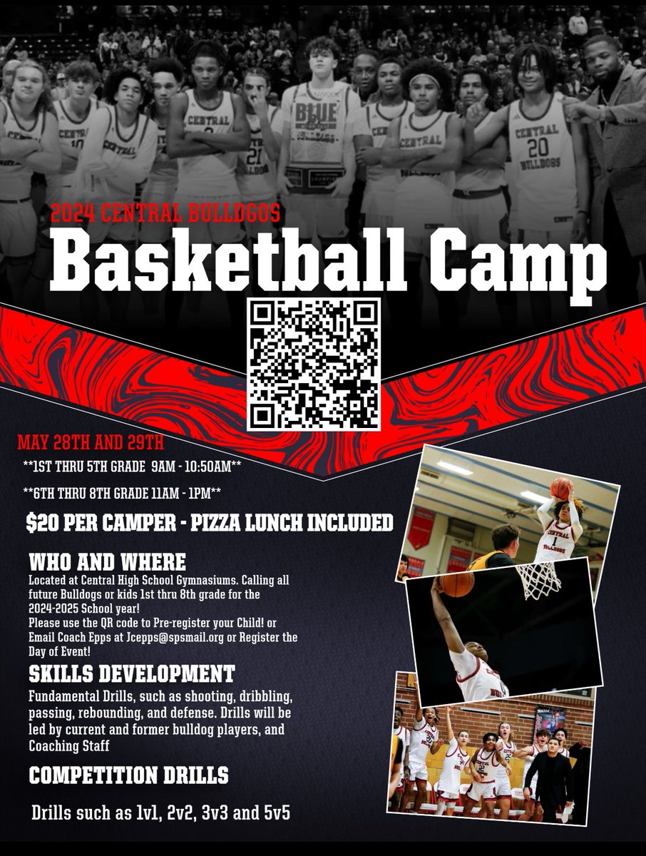 Date set for our 2024 Bulldog Basketball camp  May 28th and 29th. Information below, get your kids signed up for a fun time with the Bulldogs <a href="/Central_AD/">Central (SPFD) High School Athletics</a> <a href="/PipkinR12/">Pipkin Middle School</a> <a href="/WPCatAthletics/">Westport Wildcat Athletics</a> 

Scan the QR code or follow this link to pre-Register docs.google.com/forms/d/1bc9qV…