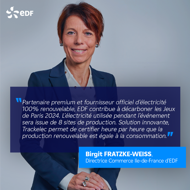 EDF_Entreprises's tweet photo. 📅 J-100 avant @Paris2024

En tant que partenaire premium et fournisseur officiel d’électricité renouvelable, le groupe EDF contribue à décarboner l’évènement grâce à des solutions innovantes.
Birgit Fratzke-Weiss, Directrice Commerce Ile-de-France d’EDF nous en dit plus 👇