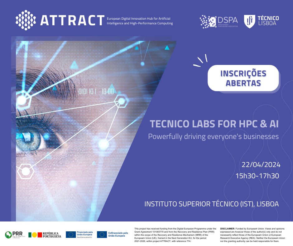 Técnico presents ATTRACT's tools and opportunities for Company-Academia interactions, showcasing the impact of AI and High Performance Computing on business processes and competitiveness.👩‍💼 April 22nd. 🗓️ 🔗 More information: tinyurl.com/4jcb6pzm #TécnicoLisboa #ULisboa