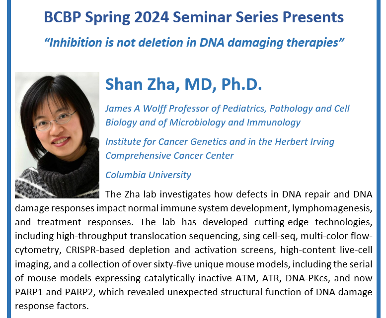UNC_BCBP's tweet photo. BCBP Seminar: Shan Zha MD PhD (Columbia Univ.) "Inhibition is not deletion in DNA damaging therapies" Join us on Tuesday 4/23 11 AM - 12 PM in 1131 Bioinformatics, UNC. #genetics #Pathology #CellBiology #Microbiology #CenceGenetics #Immunology #talks #lecture #research https://t.co/Xu1L4UM0tu