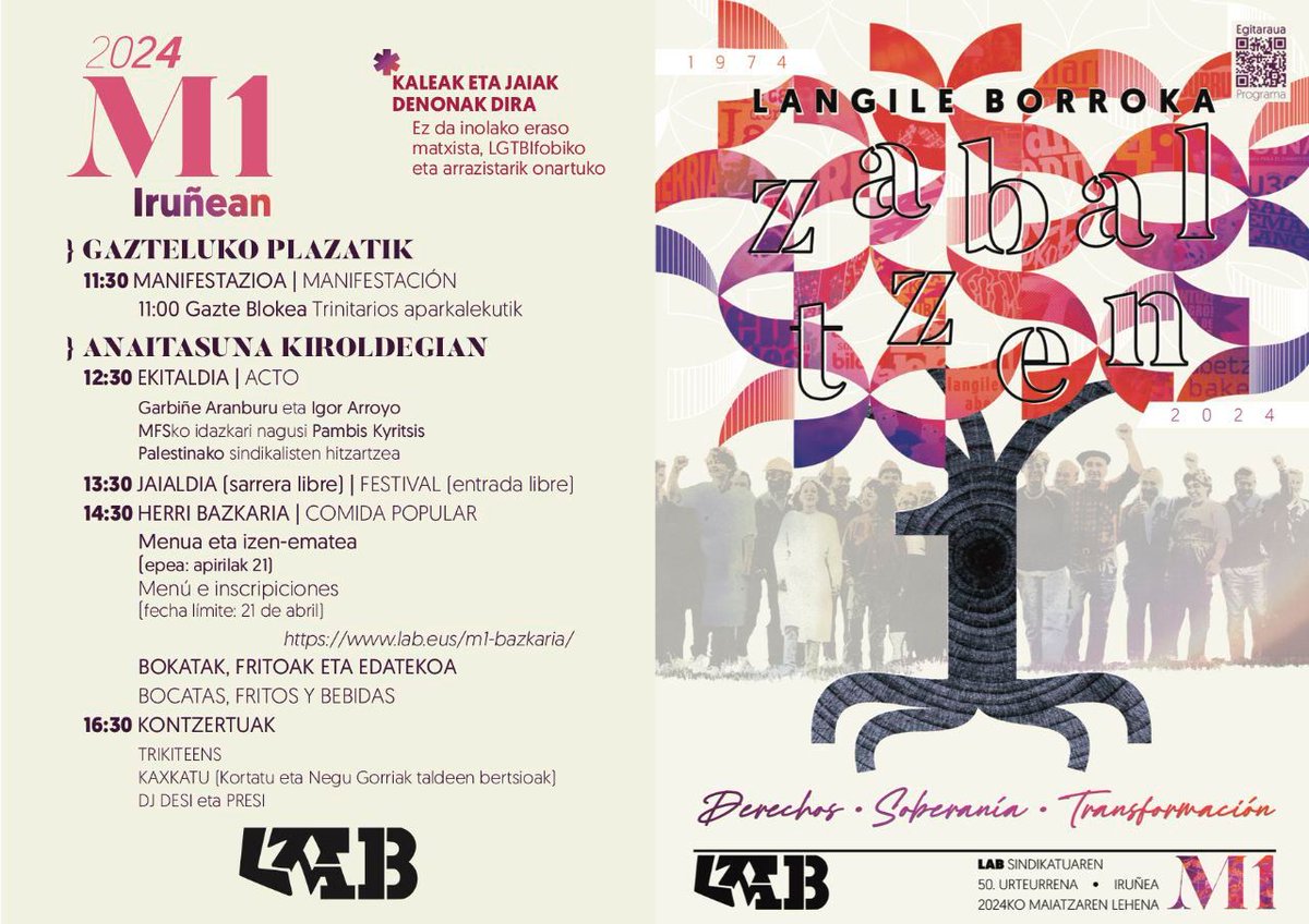 LABsindikatua's tweet image. 5⃣0⃣. urtemugako ospakizun betean dator Maiatzaren Lehena

Borroka eta jai giroa uztartuz, nazio manifestazioa, ekitaldia eta egun beteko jaialdia egingo ditugu Iruñean.

🍲Bazkarirako aldez aurretik eman behar da izena hemen, apirilaren 21a baino lehen 

 lab.eus/m1-bazkaria/