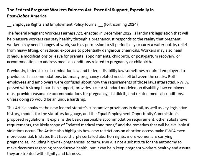 Thanks @USEEOC for a strong new rule providing important guidance on how #PWFA supports workers with pregnancy-related needs. My forthcoming article (soon to be updated to discuss the final rule) explains this landmark law in detail. Available here: papers.ssrn.com/sol3/papers.cf….