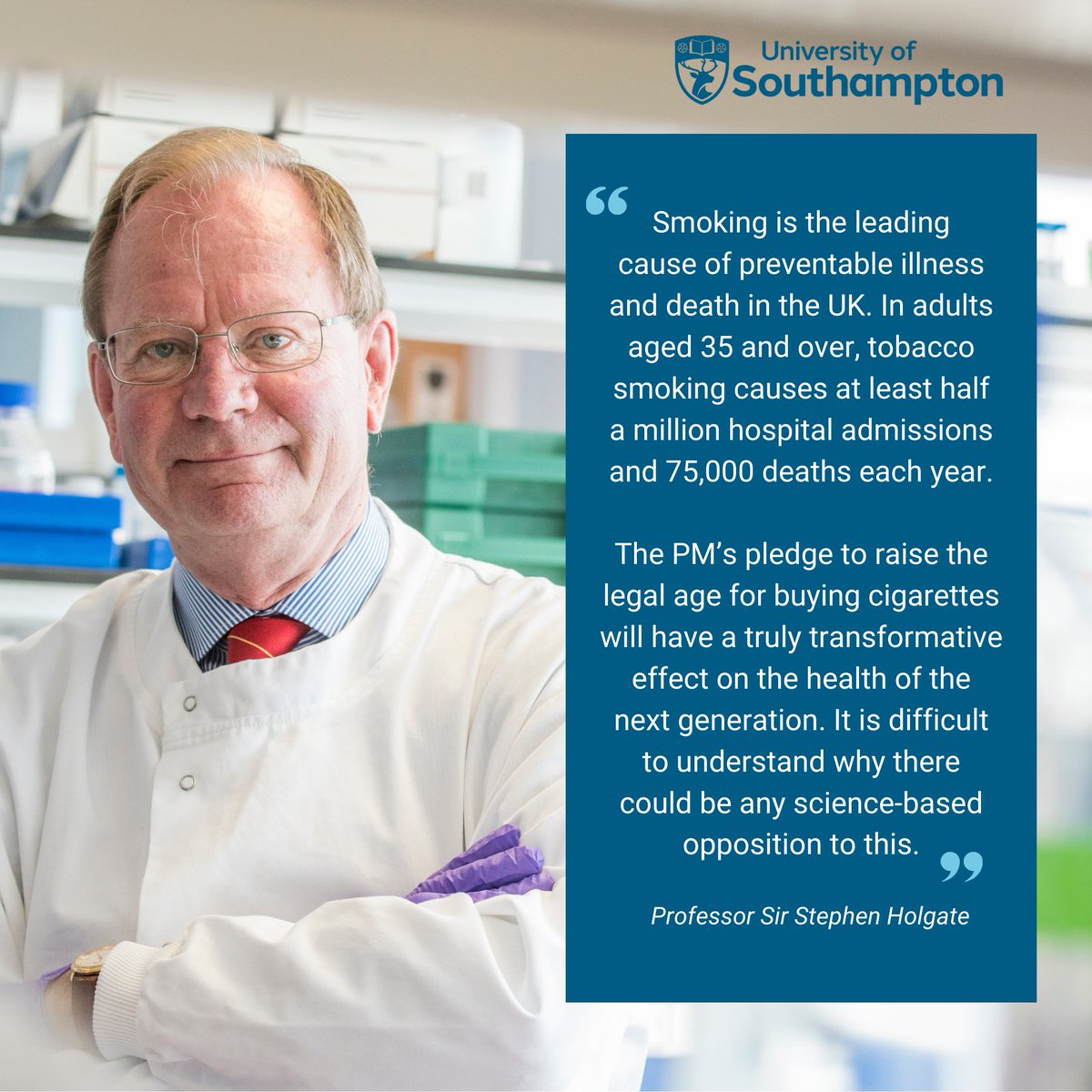 University of Southampton News (@uosmedia) on Twitter photo "For every person who dies because of smoking, at least 30 people live with one of so many serious smoking-related illnesses."
Professor Sir Stephen Holgate <a href="/UoS_Medicine/">Southampton Medicine</a> welcomes the plan to ban anyone born after 2009 from buying cigarettes.
#smokingban "For every person who dies because of smoking, at least 30 people live with one of so many serious smoking-related illnesses."
Professor Sir Stephen Holgate <a href="/UoS_Medicine/">Southampton Medicine</a> welcomes the plan to ban anyone born after 2009 from buying cigarettes.
#smokingban