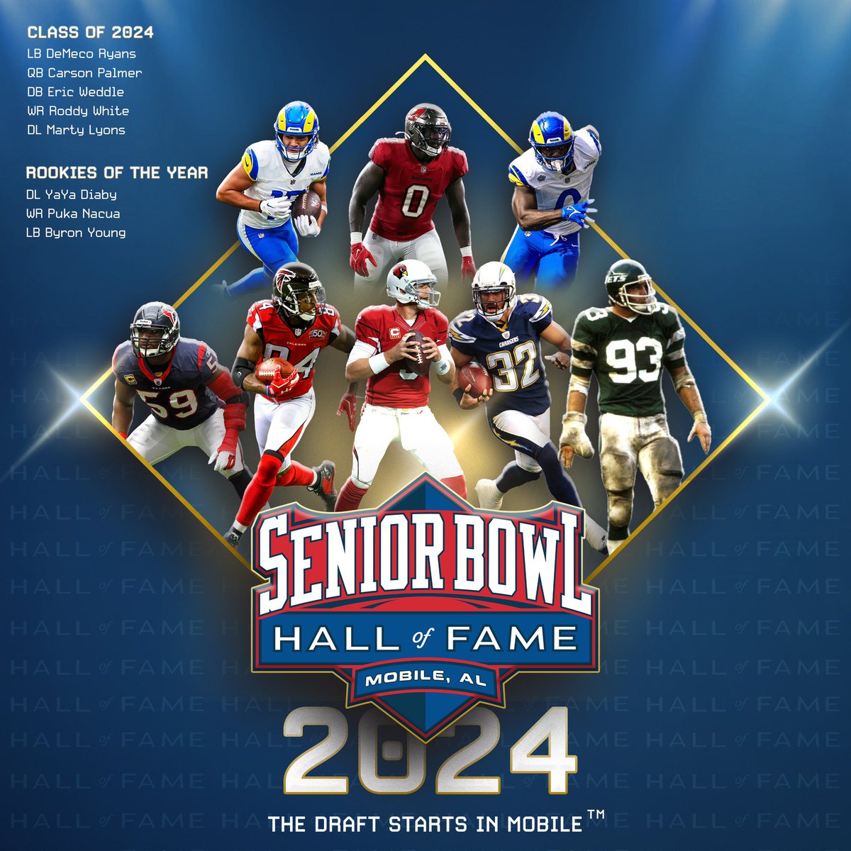 The Senior Bowl Hall of Fame Class of 2024! LB DeMeco Ryans #Texans QB Carson Palmer #Cardinals DB Eric Weddle #Chargers WR Roddy White #Falcons DL Marty Lyons #Jets DL YaYa Diaby #Buccaneers WR Puka Nacua #Rams LB Byron Young #Rams #TheDraftStartsInMOBILE™️ #SBHOF2024…