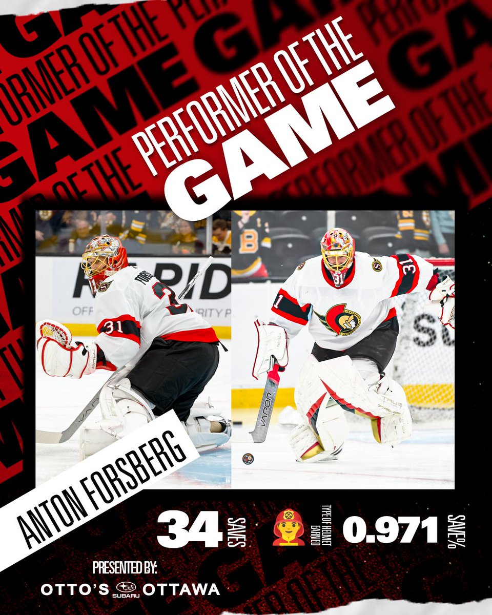 Anton Forsberg led the way to victory for the #Sens in their final game of the season last night in Boston! He made some big saves and some even bigger saves while earning the @Ottos_Subaru Performer of The Game honours along the way! #GoSensGo