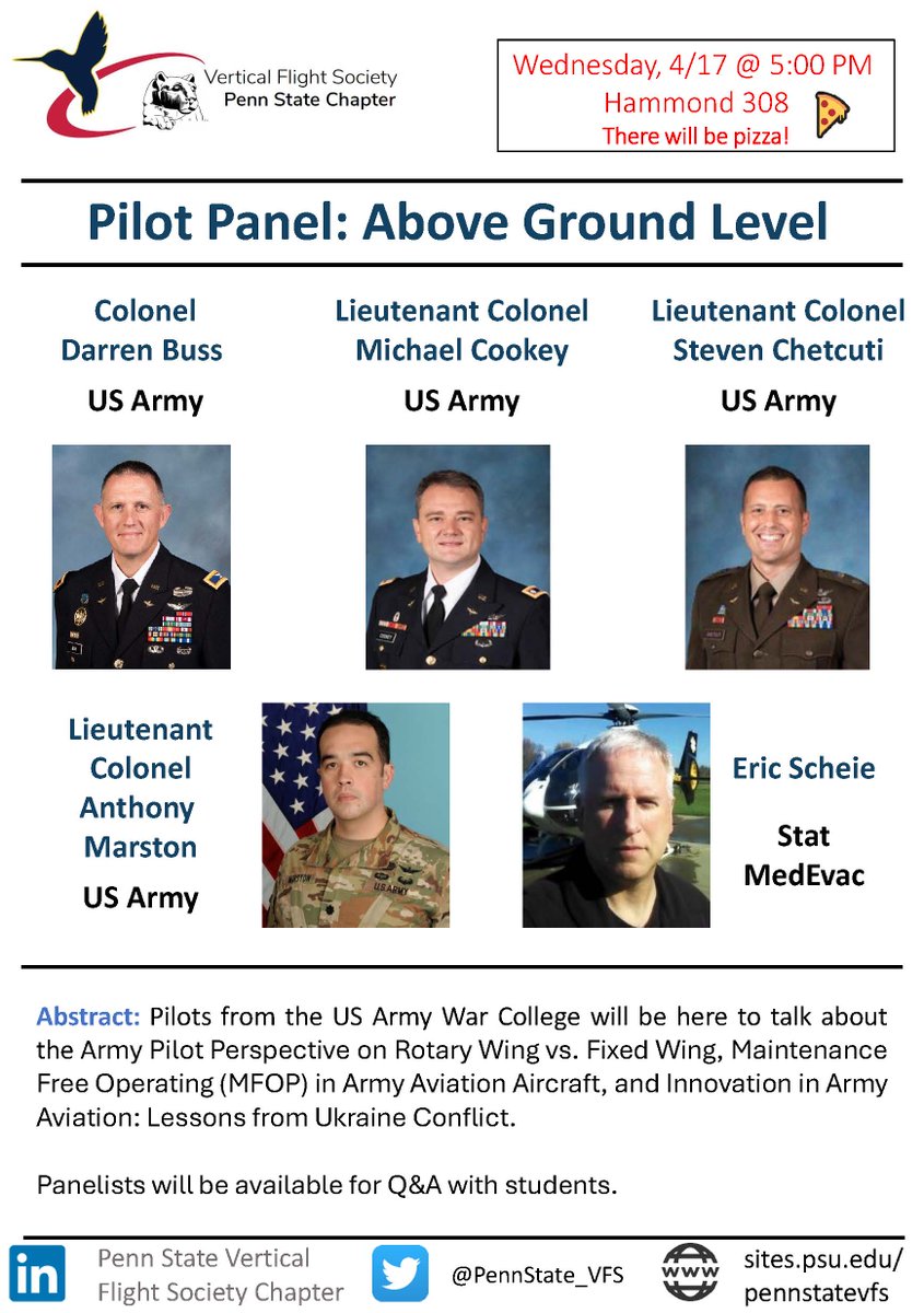 PennState_VFS's tweet photo. Join us today (Wednesday, April 17) at 5:00 PM EST in Hammond Building, Room 308, for our highly anticipated pilot panel! There will be a pizza reception with our panelists after.  Hope to see you there! https://t.co/SJjmeh8SzV