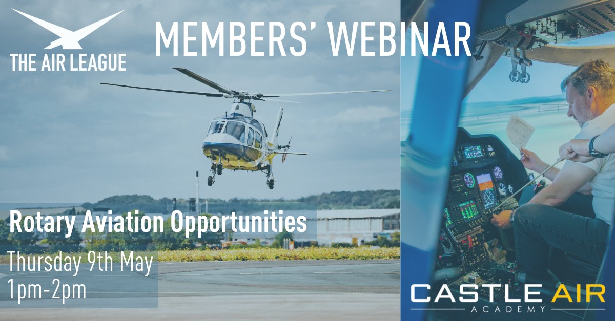 🚨NEW EVENT ALERT🚨 Castle Air Academy, a helicopter training provider based at Gloucester, are hosting a webinar about rotary aviation careers! This will take place on Thursday 9th May from 1pm-2pm. Register here: airleague.co.uk/events/rotary-… #aviation #aerospace #helicopter