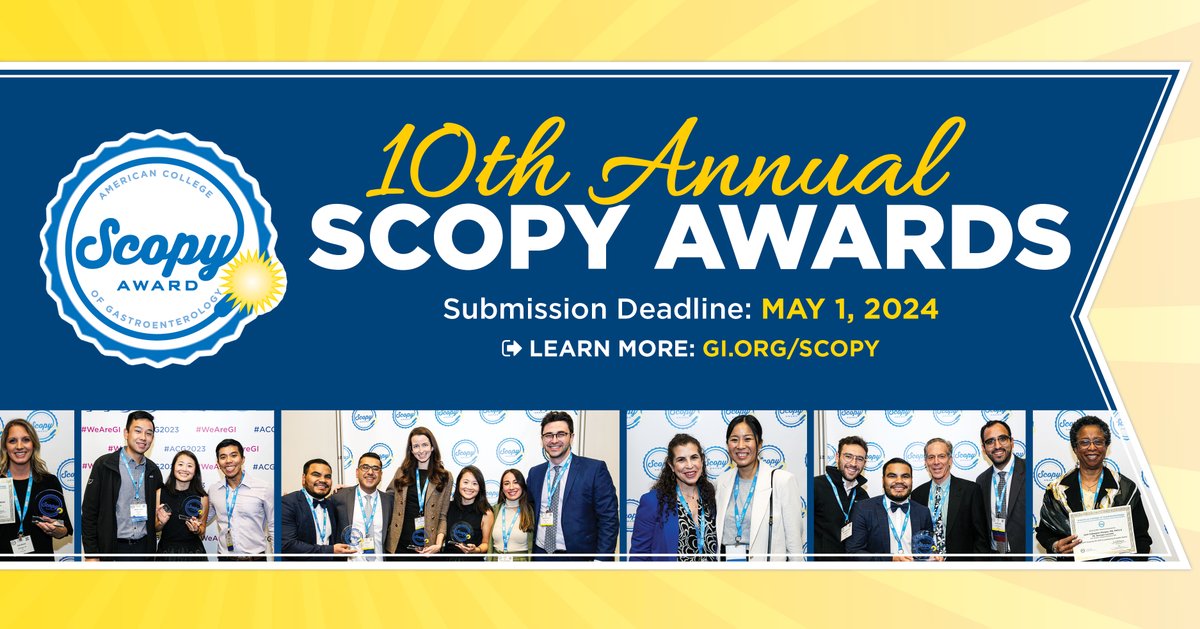 Attention #ColorectalCancerAwareness champions! Share your creative, impactful colorectal cancer awareness and prevention projects to be considered for a ⭐2024 SCOPY Award⭐ Two weeks left to apply! Submit by May 1st 📅 ➡️ gi.org/scopy @ReezwanaCMD @ibdtweets