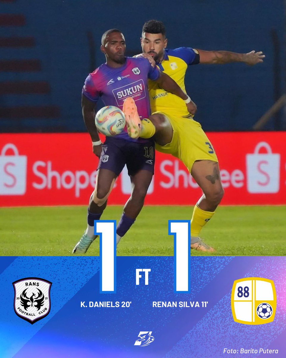BolaNusantaraID's tweet photo. FULL TIME‼️

RANS Nusantara FC harus puas berbagi poin dengan tamunya Barito Putera.

Dengan hasil ini RANS Nusantara FC masih berada di posisi 14 sedangkan Barito Putera berada di posisi 9 klasemen sementara.

#ransfc #baritoputera #BRILiga1 https://t.co/rmVrI4m2VE