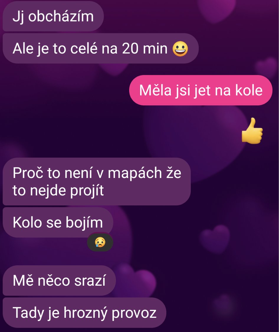 Proč u nás lidi nejezdí po městě na kole, díl 216. 

Rozhovor se ženou o cestě z Dejvic do Holešovic. Automobilová doprava představuje pro méně otrlé nepříjemnou překážku a město takové uživatele nedostatečně od aut separuje.