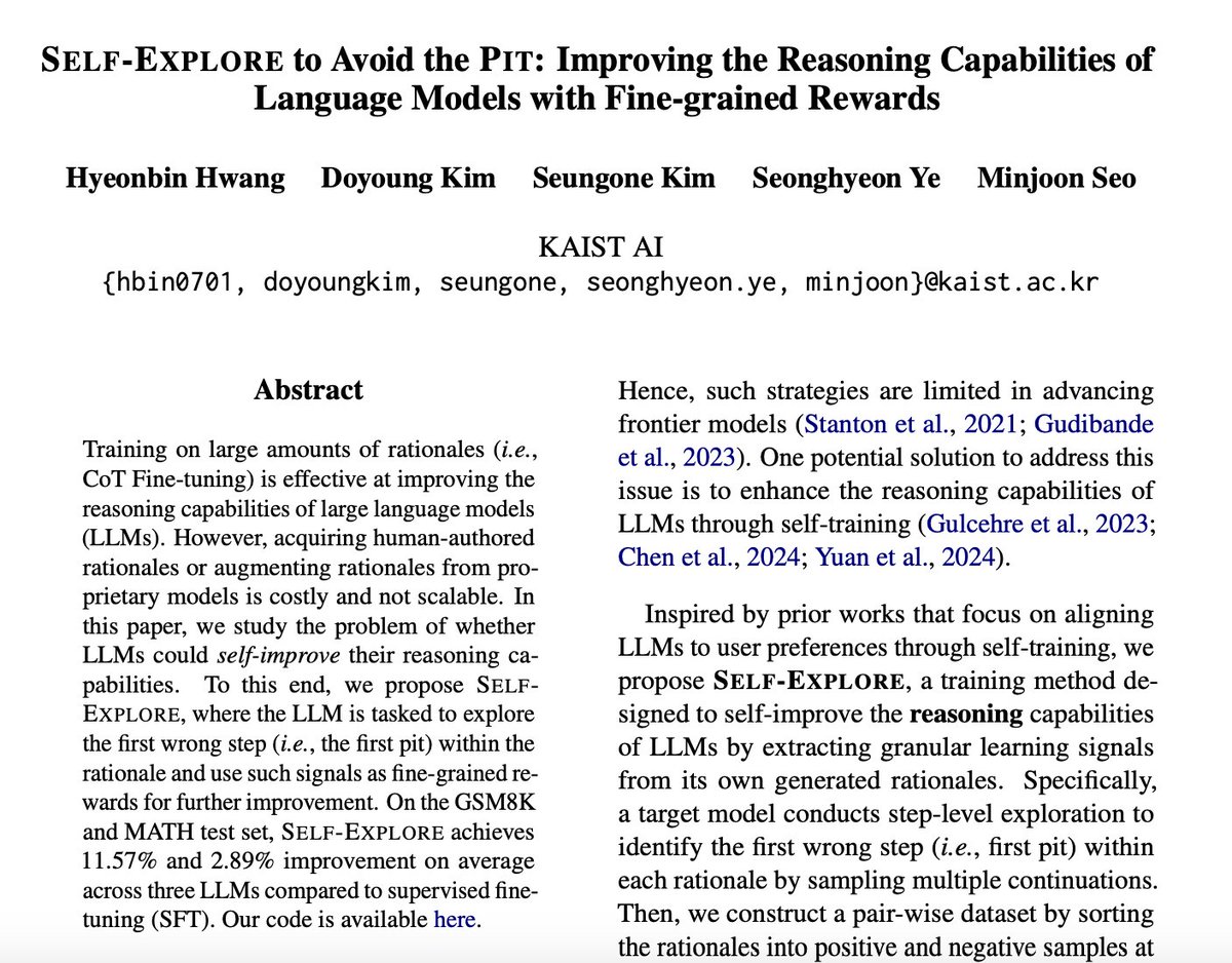 🚨 New LLM Reasoning Paper 🚨

Q. How can LLMs self-improve their reasoning ability?

⇒ Introducing Self-Explore⛰️🧭, a training method specifically designed to help LLMs avoid reasoning pits by learning from their own outputs! [1/N]