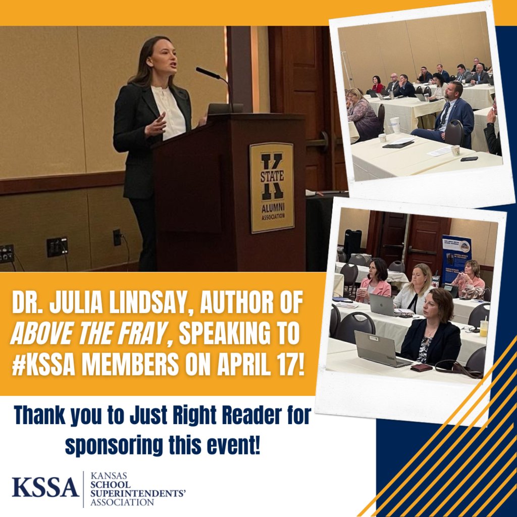 Dr. Julia Lindsay, author of 'Reading Above the Fray', is with us today in Manhattan, sharing with district leaders about the importance of building programs around the science of reading to make it stick! Thank you to Just Right Reader for sponsoring and hosting! #KSSA