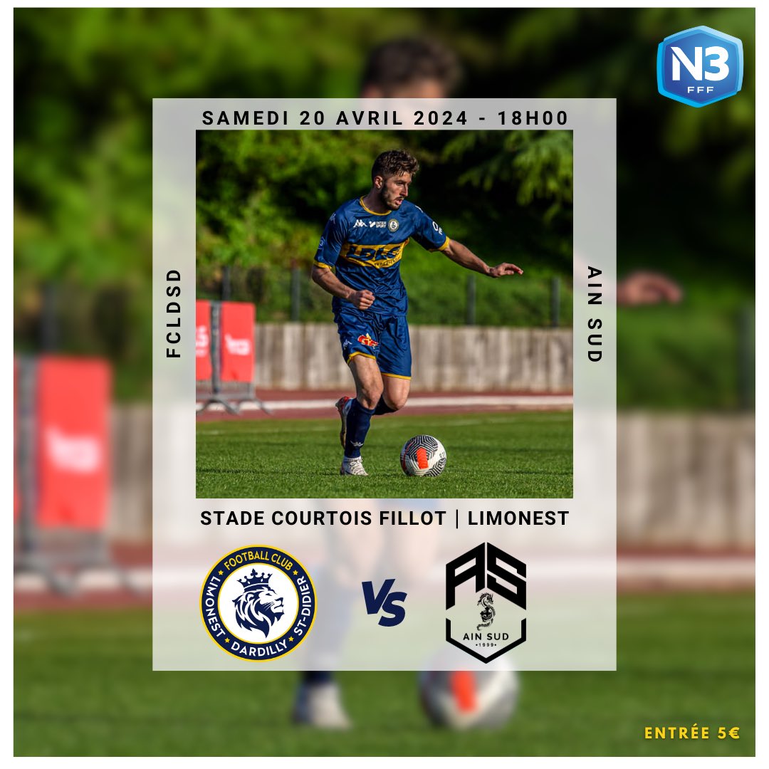 FCLDSD_Officiel's tweet photo. 𝑵𝒂𝒕𝒊𝒐𝒏𝒂𝒍 𝟑 (𝑱𝟐𝟑) 🟡🔵
📆 samedi 20 avril 2024
🕦 18h
🆚 @ain_sud
🏟️ stade Courtois Fillot | Limonest
🎟️ 5€
#fcldsd https://t.co/AidVY4xlDI