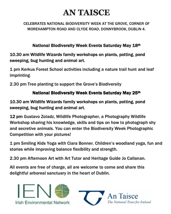 ulsaradublin's tweet photo. Join Ulsara and @AnTaisce at The Grove in May (18th and 25th) for National Biodiversity Week. 
Planting, nature trails, photography, art and kids yoga! https://t.co/Ff6yEJ3StK