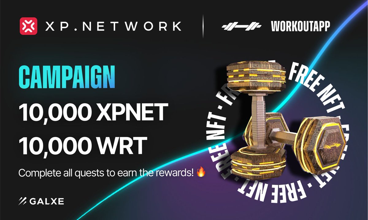 xpnetwork_'s tweet photo. 🌟 Exciting News!
🚀 Introducing the @Workoutapp_io & https://t.co/mpHX9oeYK6 Campaign!
💪 We're thrilled to announce a chance to win 10,000 $xpnet Tokens and 10.000 $WRT! 🎉
🔗 Join the Campaign here: https://t.co/Akr3uRrc6C
Additionally, in addition to the campaign rewards, every participant will receive a free exclusive NFT from our special collection with WorkoutApp.
To participate for the 10,000 XPNET & 10,000WRT rewards, simply comment "$XPNET" & "$WRT " below.
📣 We'll randomly select 20 winners from the comments.
🔥 Get in on the action and dive into the world of Galxe with us! 🚀
#Web3 #DeFi #Giveaway #Airdrop #Galxe #partnership #crypto #NFT #OAT $BTC $ETH $BNB $Matic $USDC