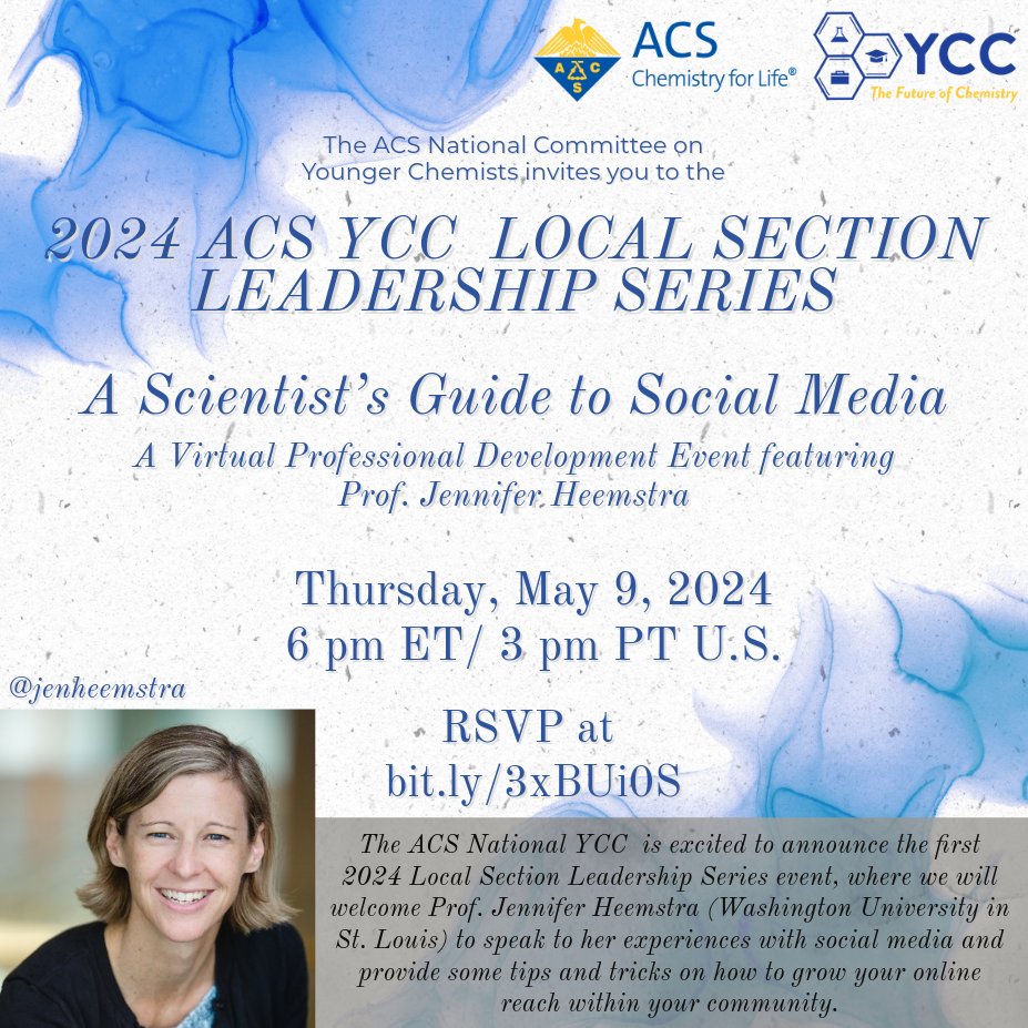 The ACS National Younger Chemists Committee is hosting a 2024 Local Section Leadership Series event on Thurs May 9 @ 6 pm ET/3 pm PT on Zoom. Professor @jenheemstra will speak about her experiences with social media and how to grow your online reach. RSVP: bit.ly/3xBUi0S