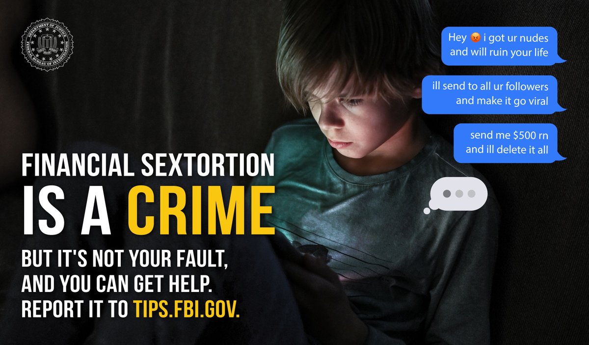 Financially motivated sextortion is a crime. Parents, educators, caregivers, and young persons should be aware of how to stay safe online, the risks and warning signs, and how to report if you or someone you know is a victim. Learn more: ow.ly/PuZK50RhlX7 #FBI