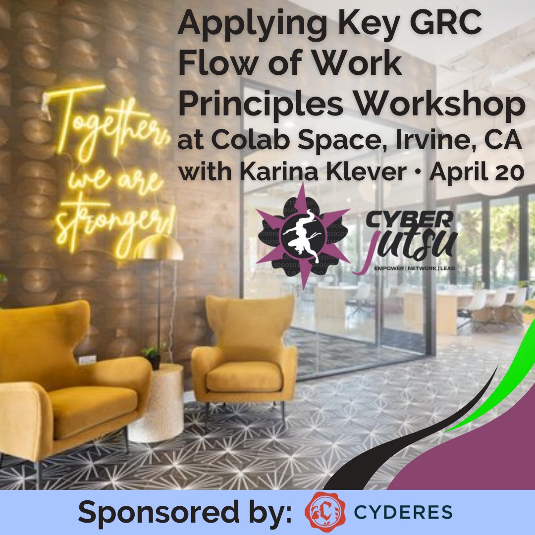 📍 NEW LOCATION ANNOUNCEMENT 📍 Join us in-person or virtually for 'Applying Key GRC Flow of Work Principles Workshop' on April 20, 9:00 AM - 12:00 PM PT at Colab Space in Irvine, CA. Thank you @CYDERES for sponsoring! womenscyberjutsu.org/events/EventDe…