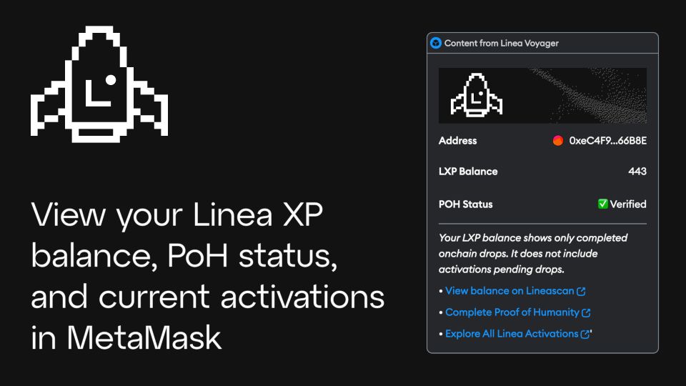 Linea.eth (@lineabuild) on Twitter photo We've brought a whole new way to sail smoothly through our Voyages and enhance your experience! ✨
Introducing Linea Voyager 🚀, powered by MetaMask Snaps! Now, you can effortlessly keep track of your LXP balance and access current Linea voyages directly in <a href="/MetaMask/">MetaMask.eth 🦊</a>. 🦊 We've brought a whole new way to sail smoothly through our Voyages and enhance your experience! ✨
Introducing Linea Voyager 🚀, powered by MetaMask Snaps! Now, you can effortlessly keep track of your LXP balance and access current Linea voyages directly in <a href="/MetaMask/">MetaMask.eth 🦊</a>. 🦊