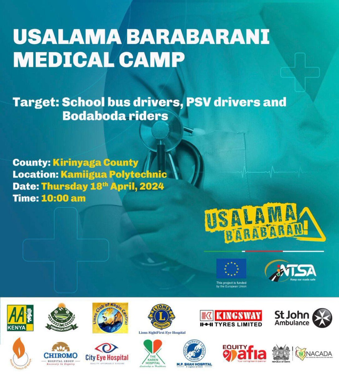 Are you a school bus driver, PSV driver, or bodaboda rider? AA Kenya, in partnership with NTSA and other partners, invites you to the #UsalamaBarabarani medical camp tomorrow at Kirinyaga, Kamiigua Polytechnic. See you there. #AAKenyacares #InspiringMobility @ntsa_kenya