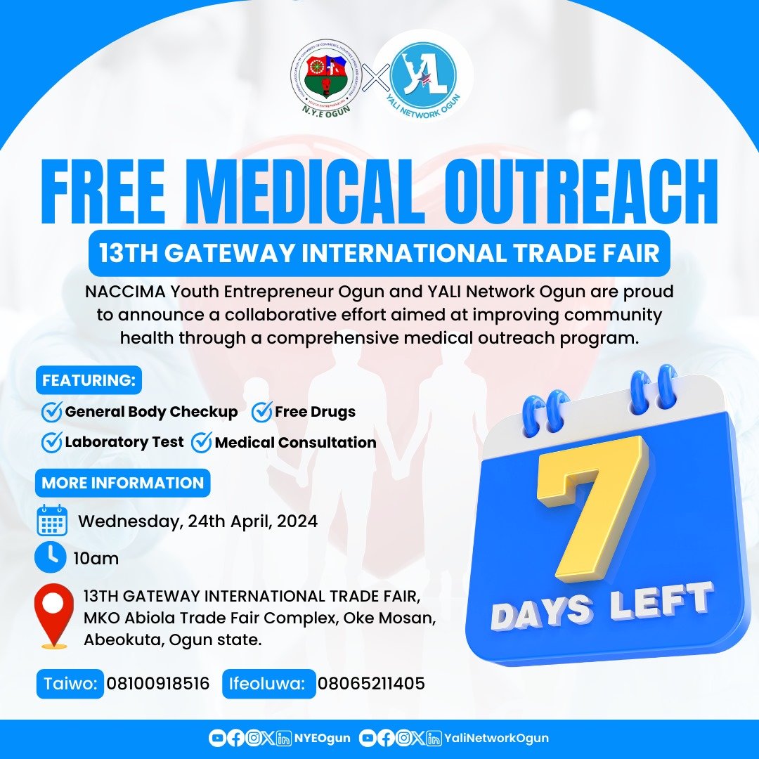 Just one week until our medical outreach. Partner with us to bring healthcare to those in need.

Kindly support us. No amount is small.

Account Number: 0288473413 
Bank:Wema Bank 
Account Name: Yali NETWORK OGUN 

#MedicalOutreach #yalinetworkogun #YALINetwork  #NACCIMAOgun